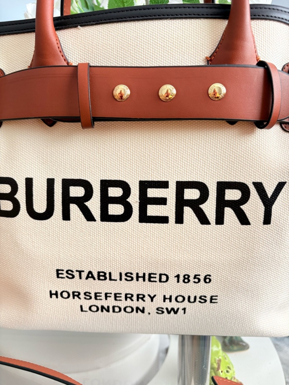 Burberry Cream Canvas Tote with Brown Leather Trim and Black Logo. - Picture 2 of 6
